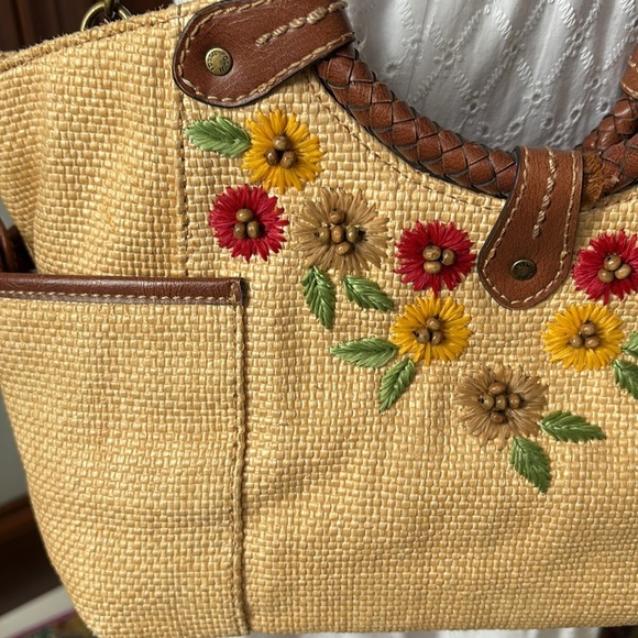 Fossil  straw satchel  Crossbody bag embroidered/beads tan/brown leather trim - Picture 8 of 17